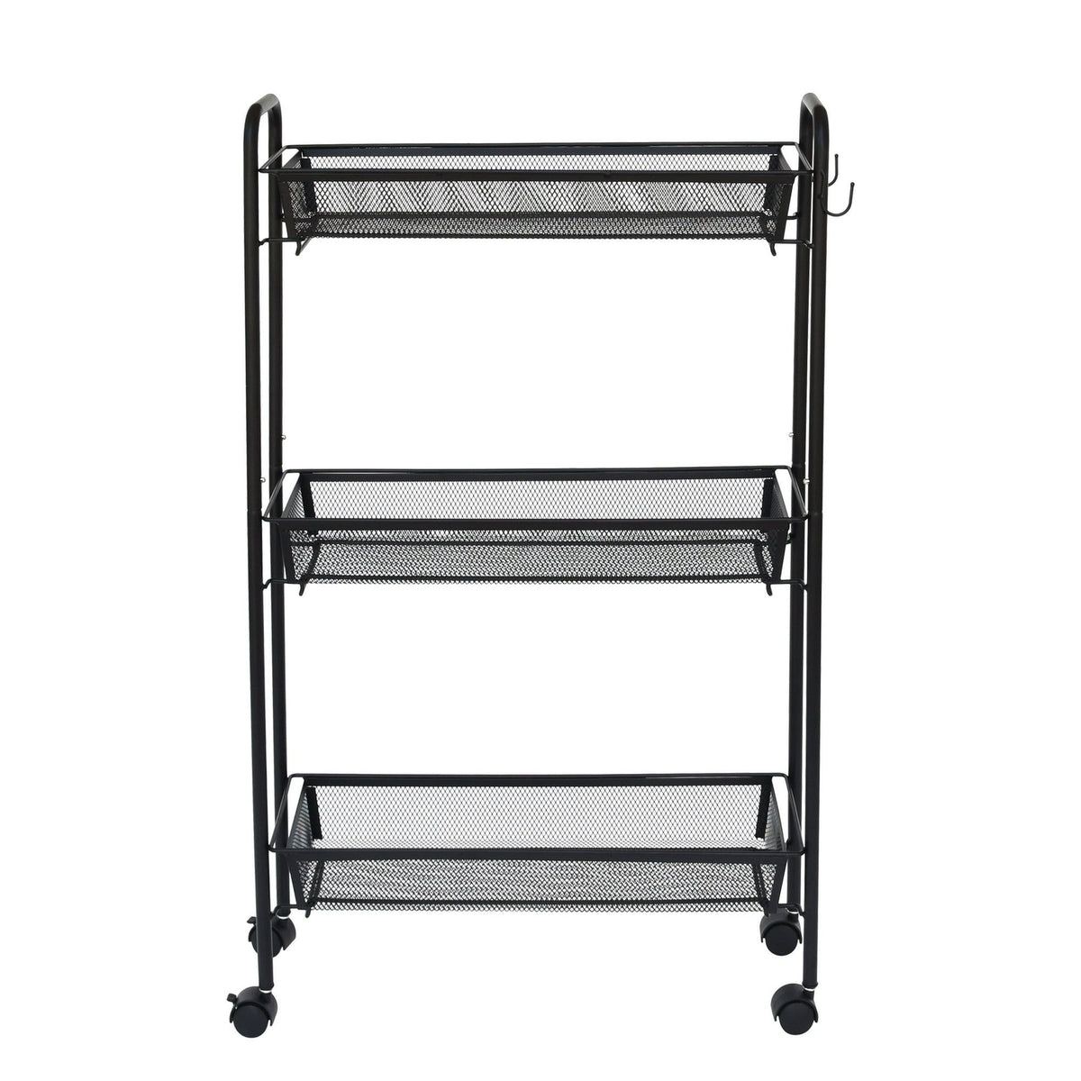 Slim 3-Tier Rolling Bathroom Storage Cart with Hooks – Black