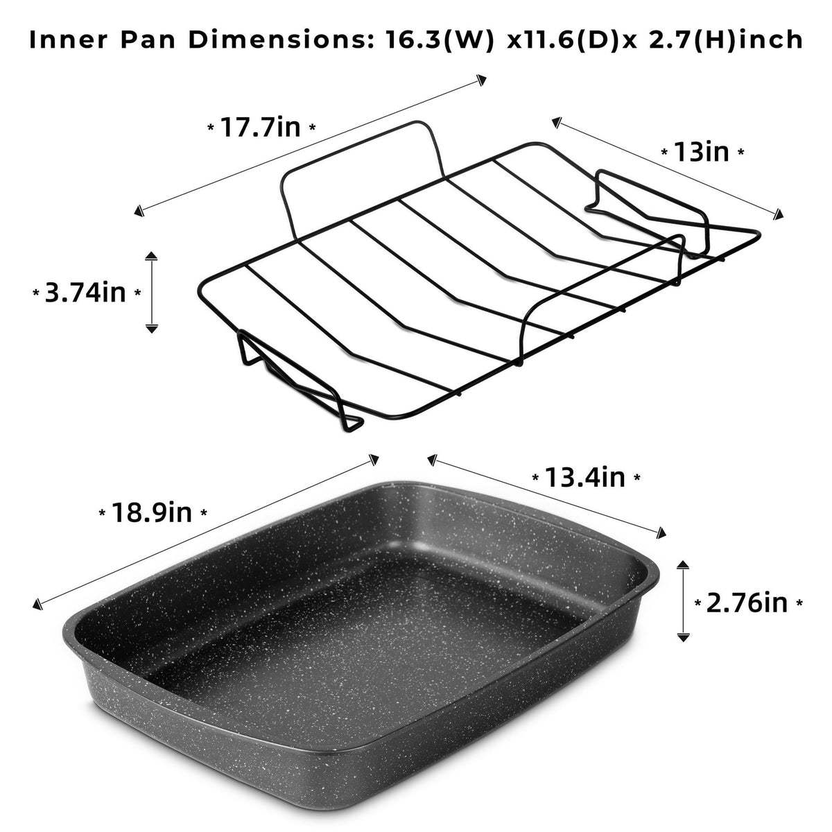 18.9" Nonstick Carbon Steel Roaster Pan with Wire Rack – Gray Speckled