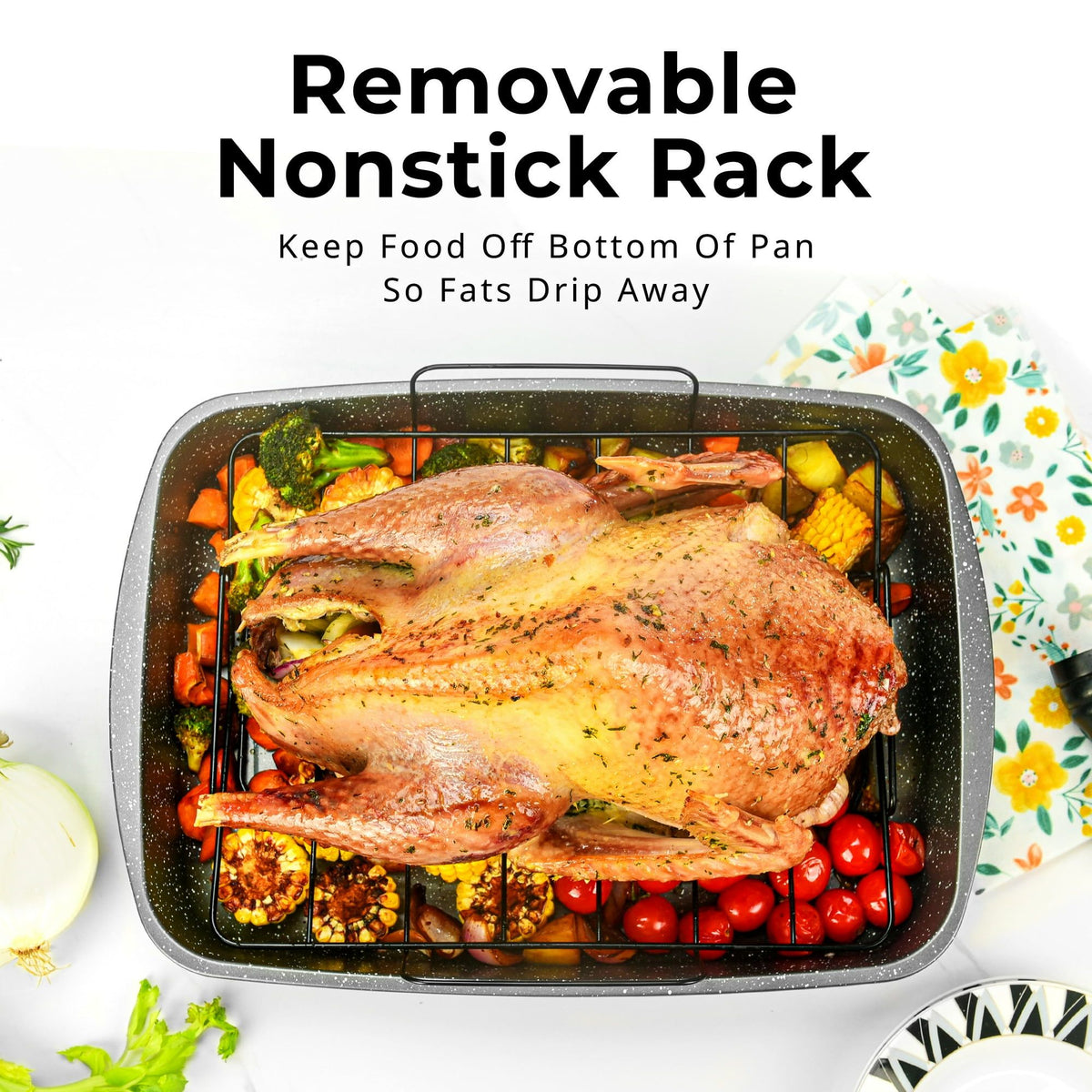 18.9" Nonstick Carbon Steel Roaster Pan with Wire Rack – Gray Speckled