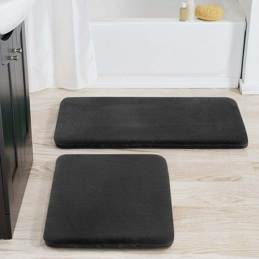 2 Piece Gray Faux Rabbit Fur Bath Rug Set, 17" x 24 & 20" x 30"