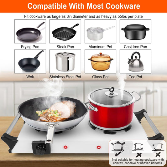 Portable Dual Burner Electric Stove, 2000W, 5 Heat Levels, Easy Clean