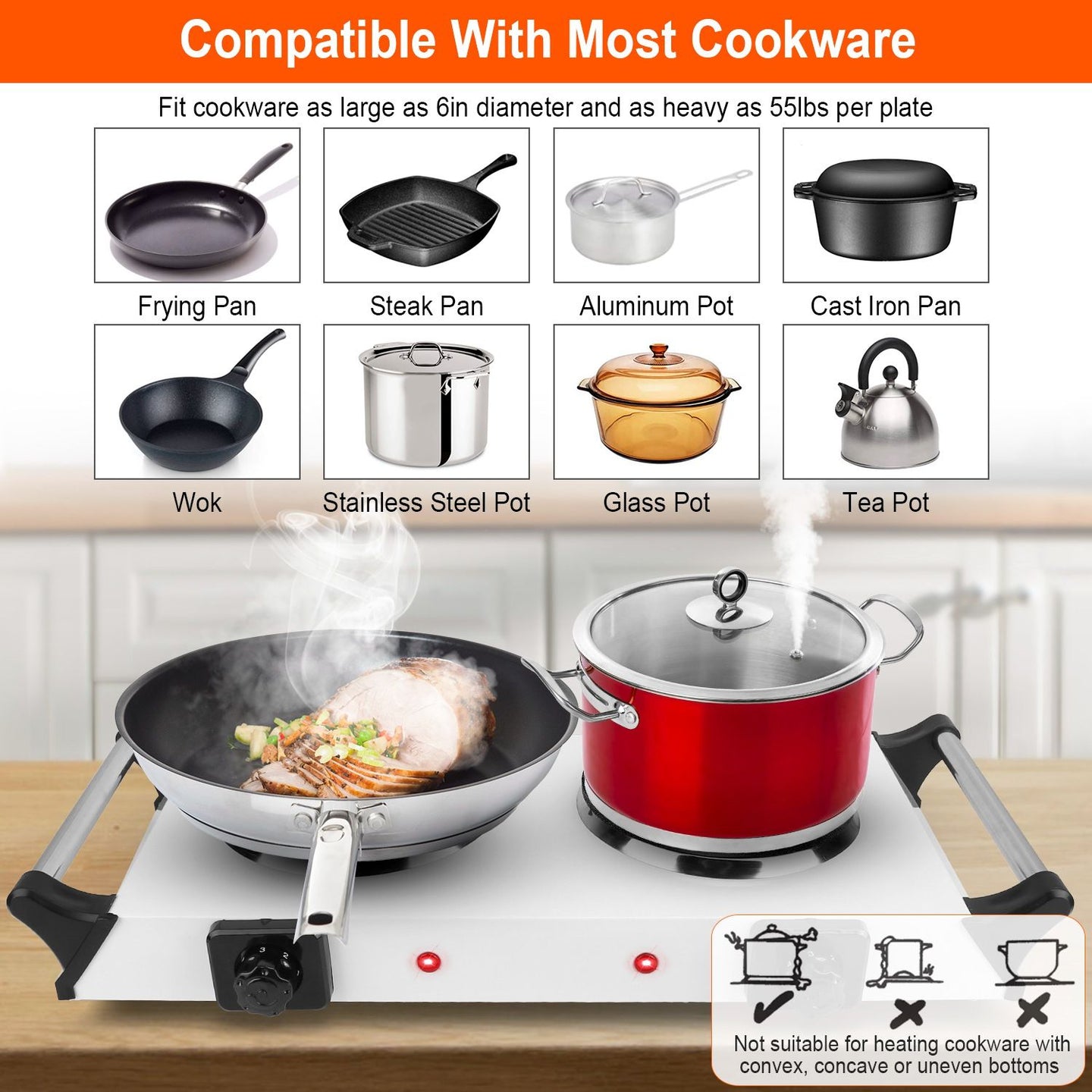 Portable Dual Burner Electric Stove, 2000W, 5 Heat Levels, Easy Clean