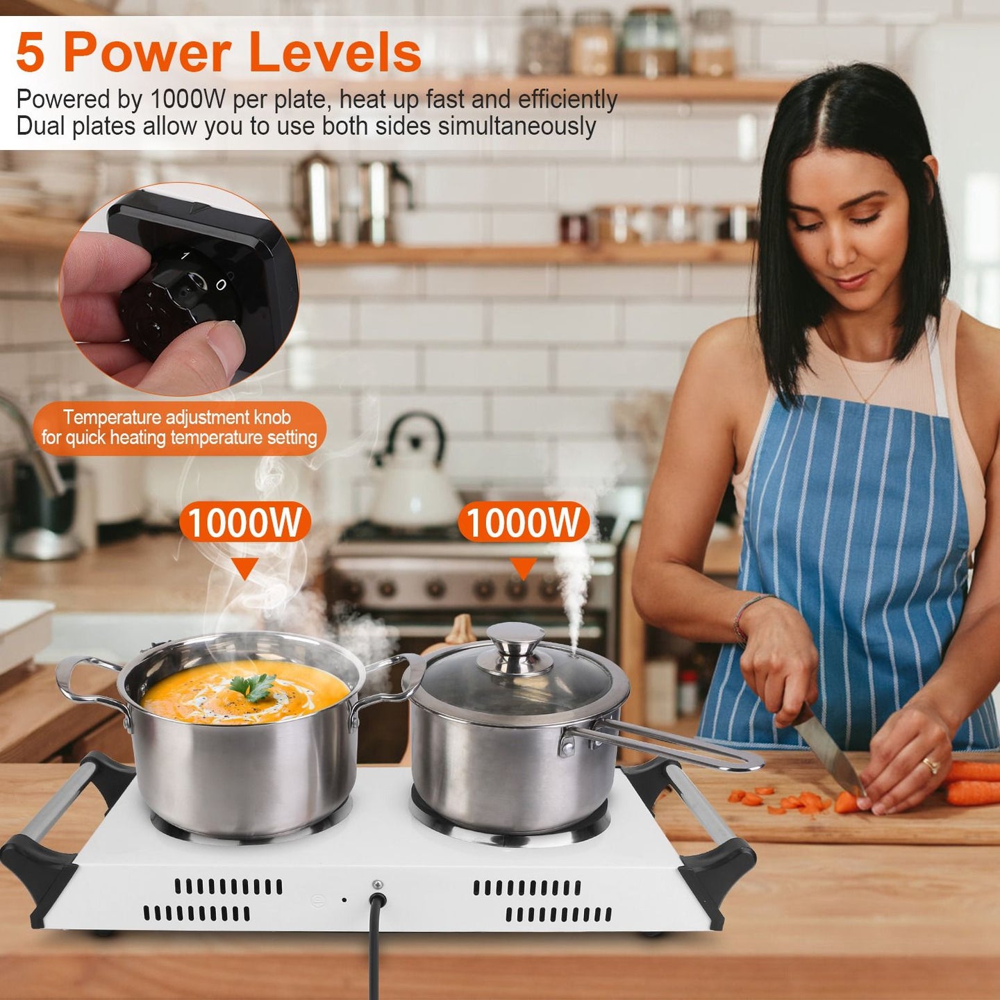 Portable Dual Burner Electric Stove, 2000W, 5 Heat Levels, Easy Clean