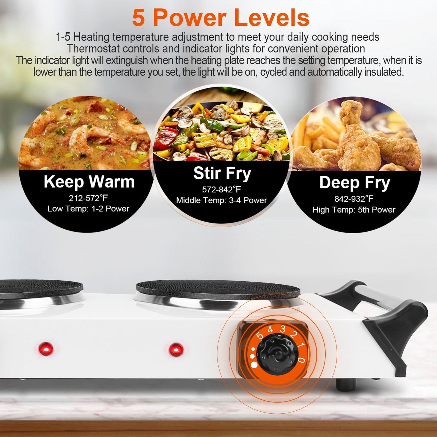 Portable Dual Burner Electric Stove, 2000W, 5 Heat Levels, Easy Clean