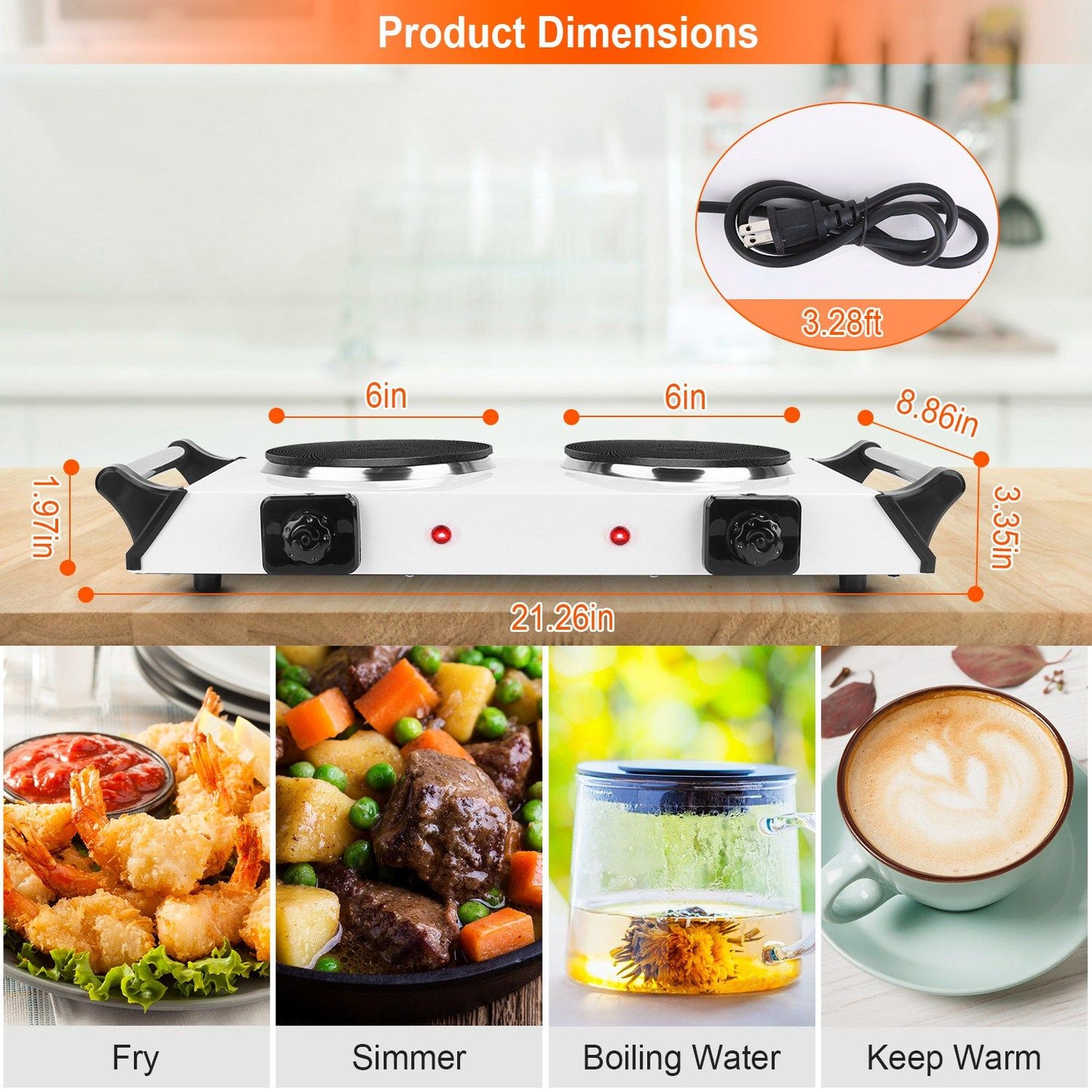 Portable Dual Burner Electric Stove, 2000W, 5 Heat Levels, Easy Clean
