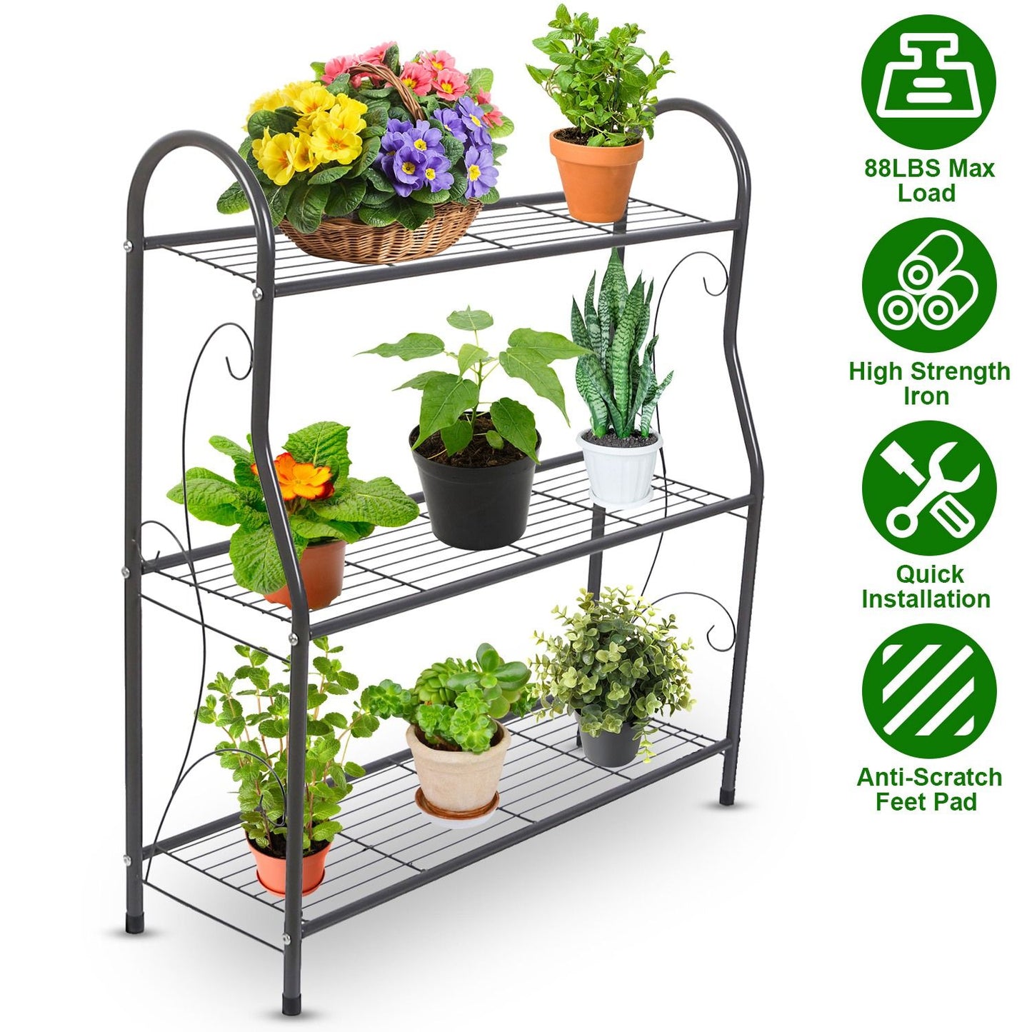 3-Tier Metal Plant Stand & 88lb Capacity Outdoor Display Rack