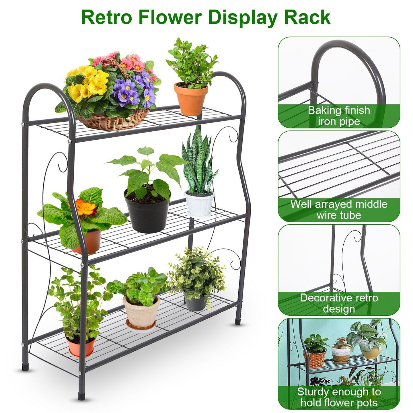 3-Tier Metal Plant Stand & 88lb Capacity Outdoor Display Rack