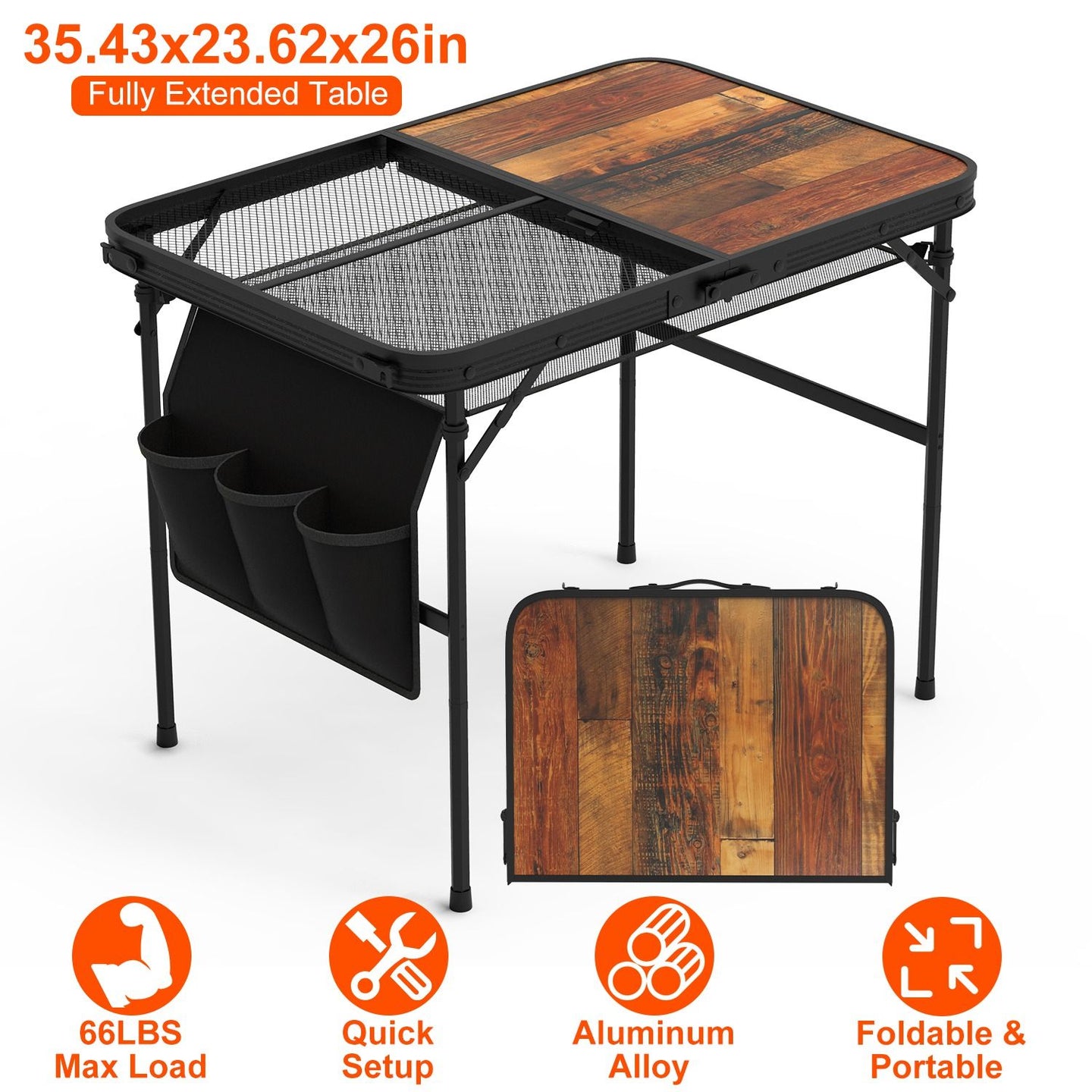 Foldable Camping Table 35" Aluminum BBQ Picnic Stand, Adjustable Height, 66 lbs