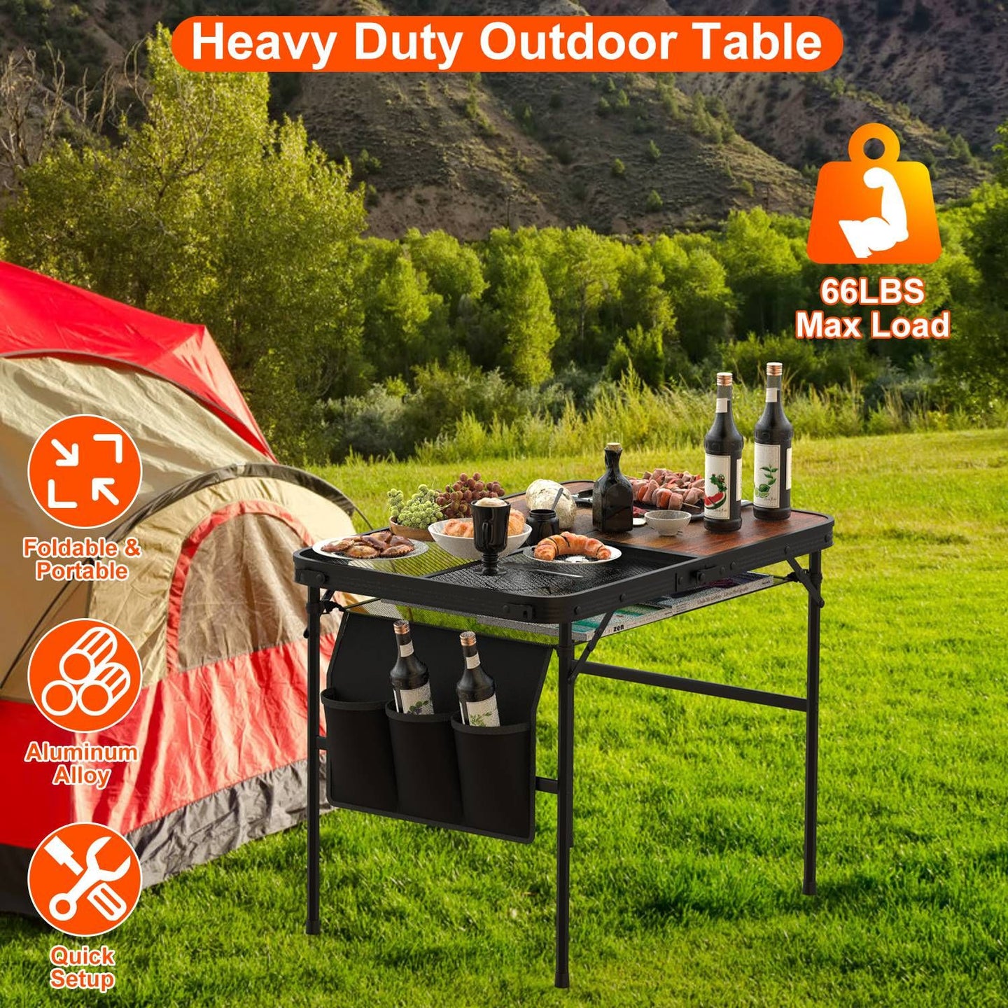Foldable Camping Table 35" Aluminum BBQ Picnic Stand, Adjustable Height, 66 lbs