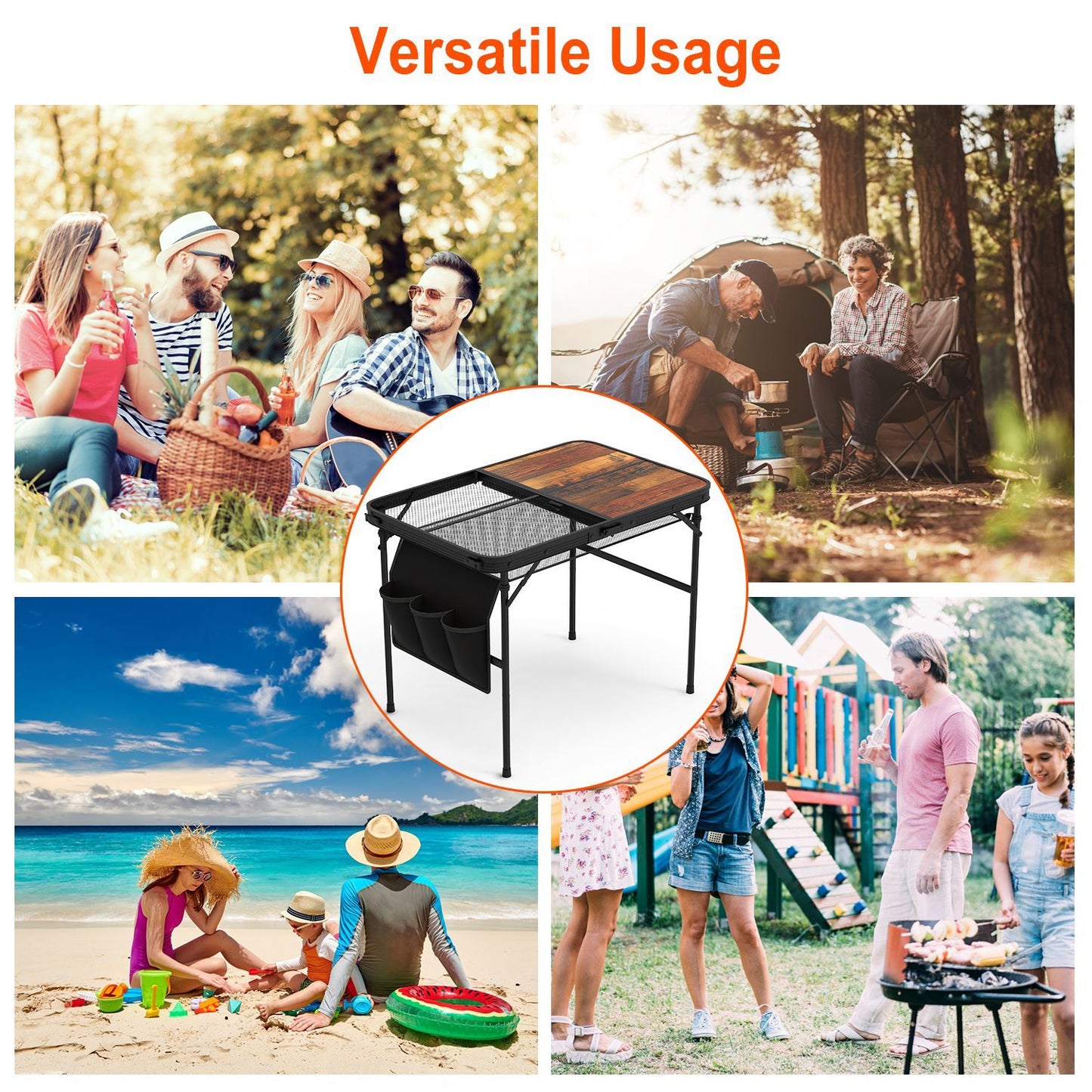 Foldable Camping Table 35" Aluminum BBQ Picnic Stand, Adjustable Height, 66 lbs