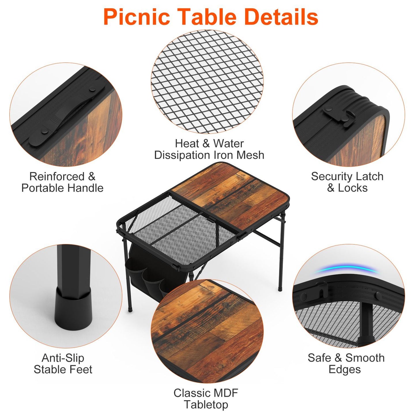 Foldable Camping Table 35" Aluminum BBQ Picnic Stand, Adjustable Height, 66 lbs