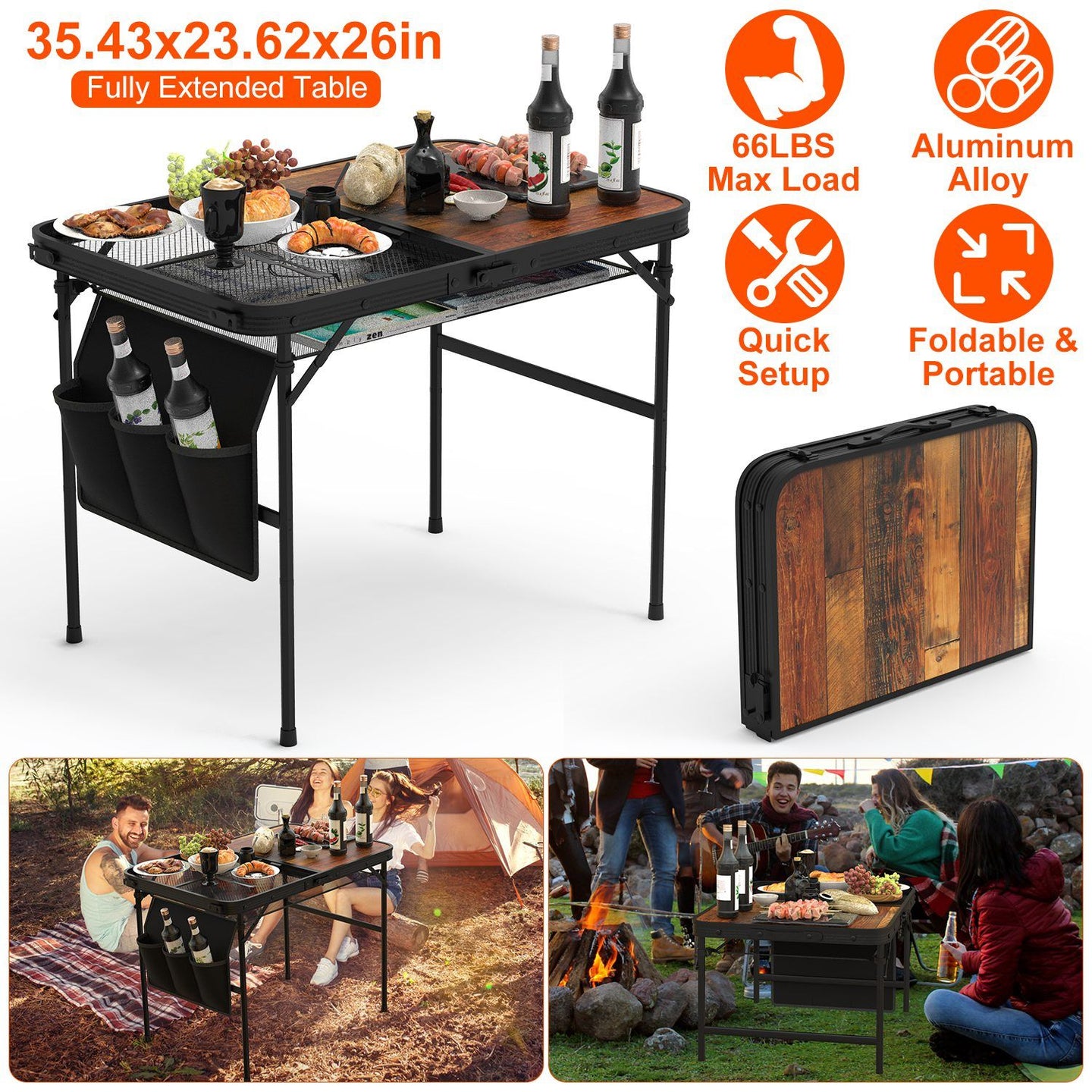 Foldable Camping Table 35" Aluminum BBQ Picnic Stand, Adjustable Height, 66 lbs
