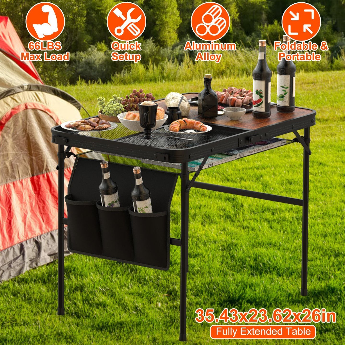 Foldable Camping Table 35" Aluminum BBQ Picnic Stand, Adjustable Height, 66 lbs