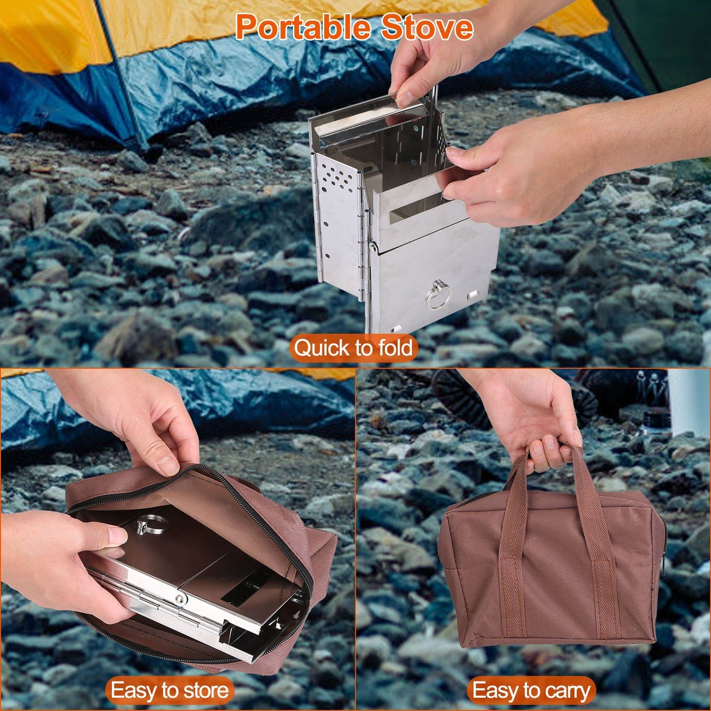 Large Foldable Camping Wood Stove & Grill - Stainless Steel