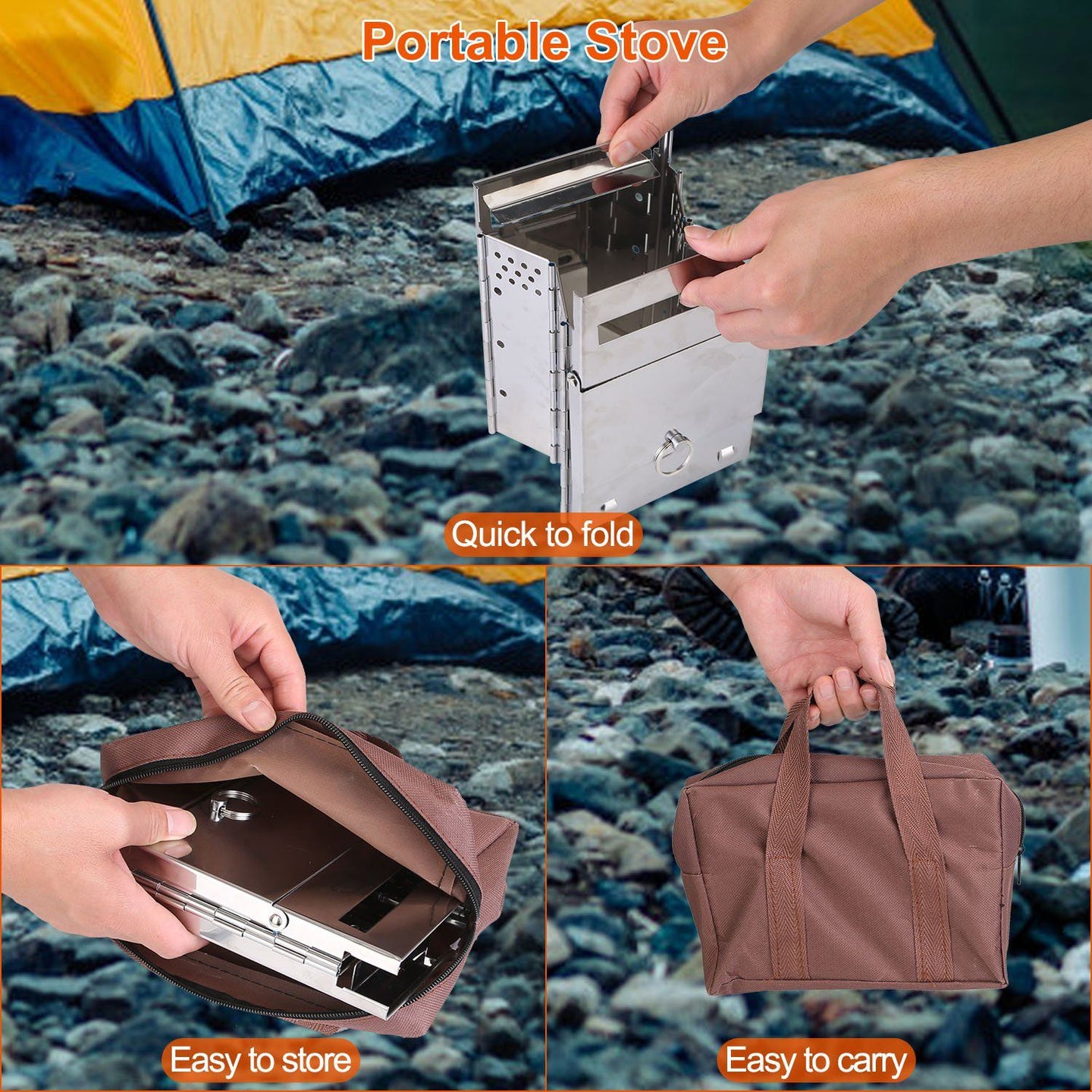 Large Foldable Camping Wood Stove & Grill - Stainless Steel
