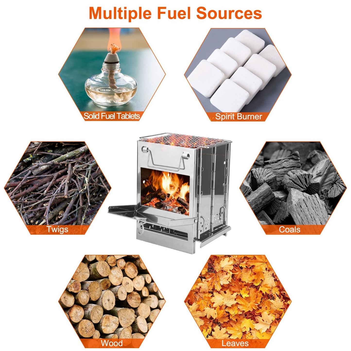 Large Foldable Camping Wood Stove & Grill - Stainless Steel