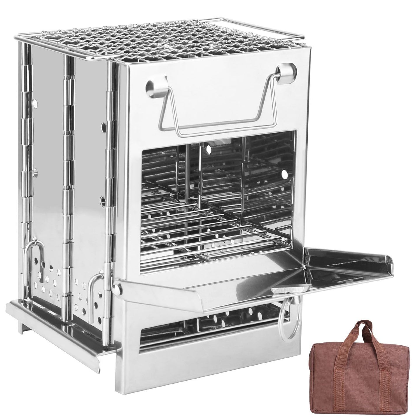 Large Foldable Camping Wood Stove & Grill - Stainless Steel