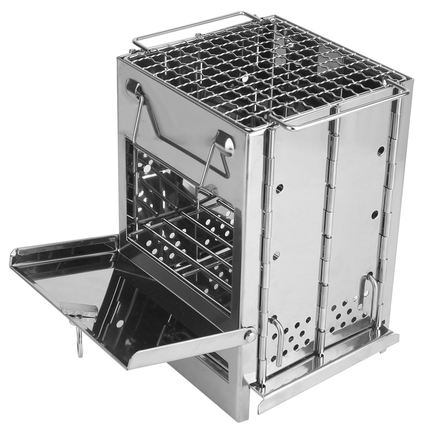 Large Foldable Camping Wood Stove & Grill - Stainless Steel