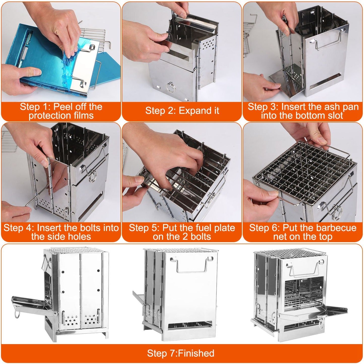 Large Foldable Camping Wood Stove & Grill - Stainless Steel