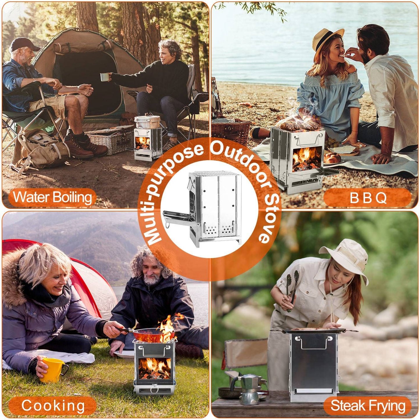 Large Foldable Camping Wood Stove & Grill - Stainless Steel