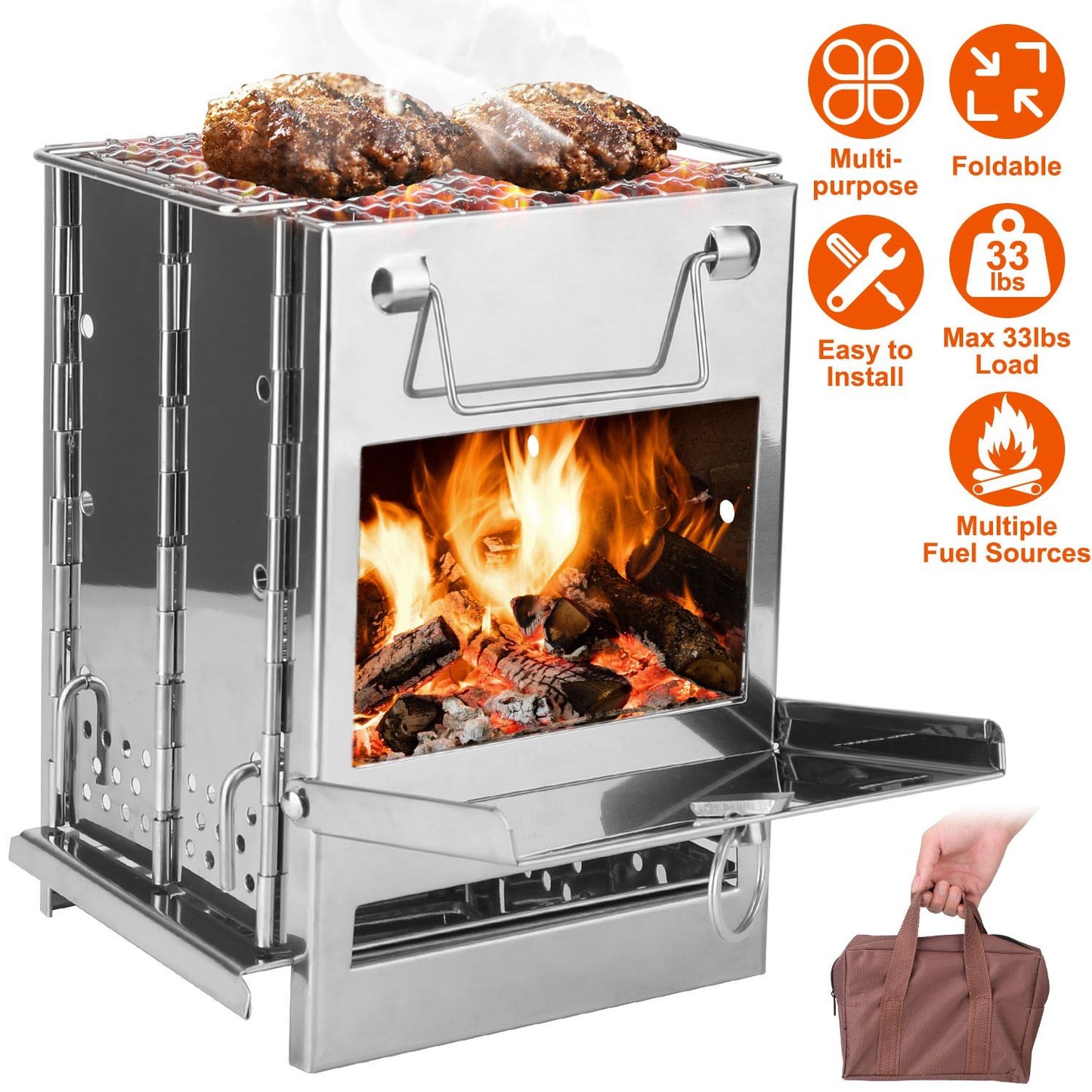 Large Foldable Camping Wood Stove & Grill - Stainless Steel