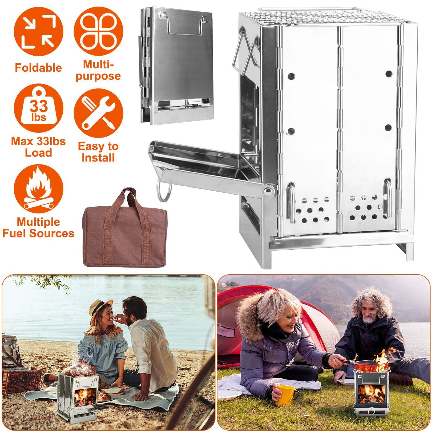Large Foldable Camping Wood Stove & Grill - Stainless Steel
