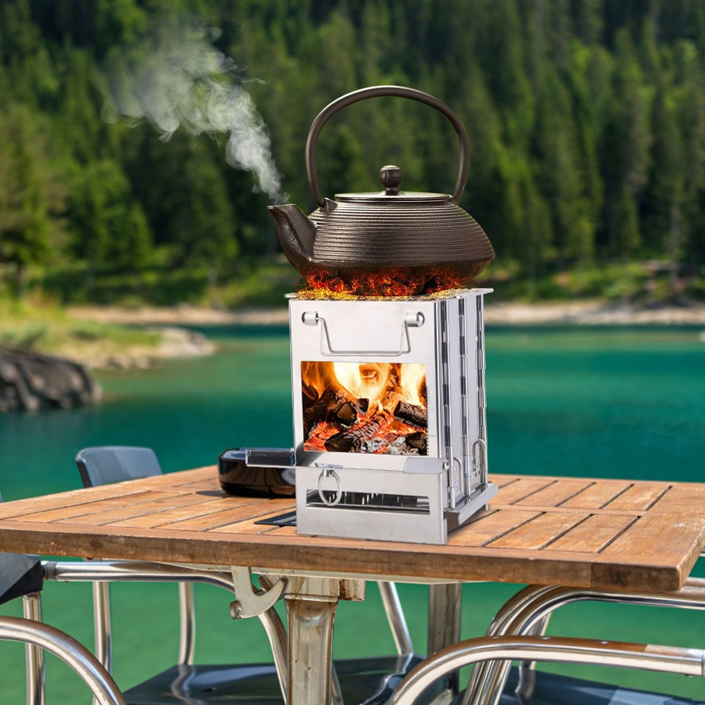 Large Foldable Camping Wood Stove & Grill - Stainless Steel