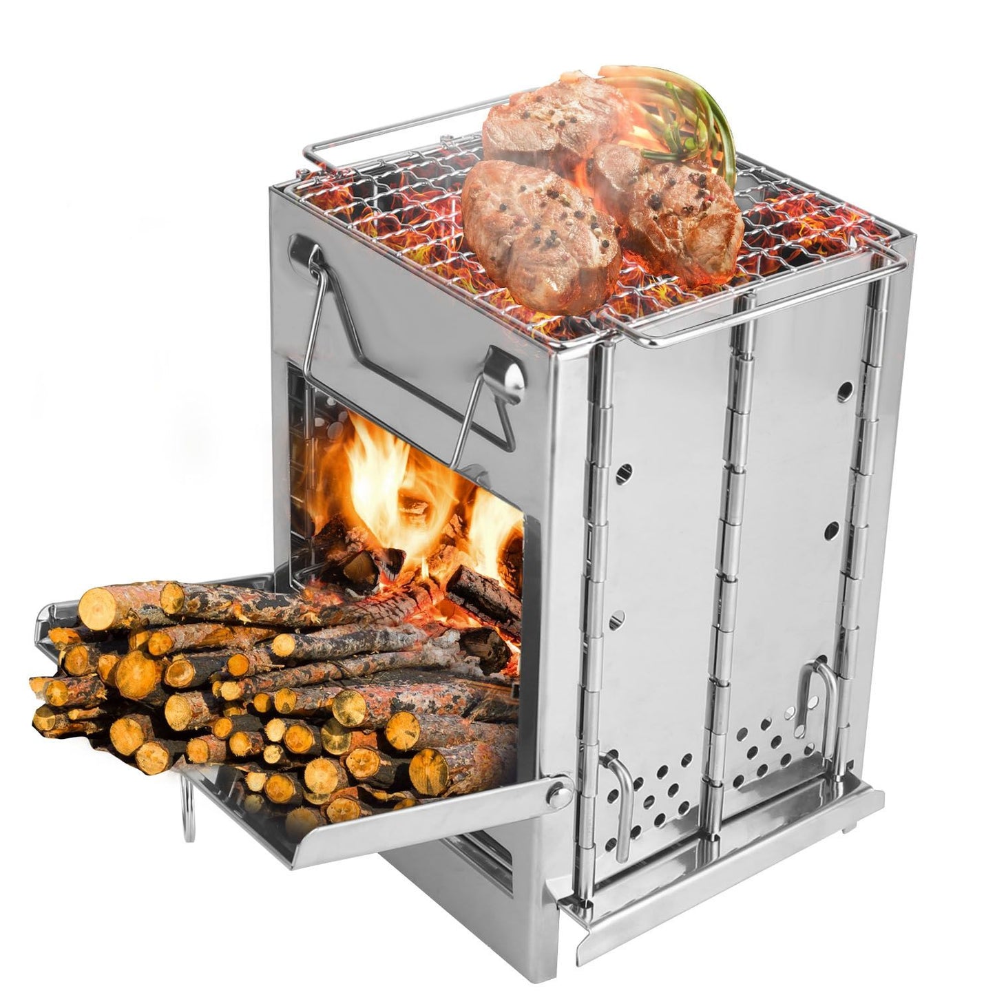 Large Foldable Camping Wood Stove & Grill - Stainless Steel
