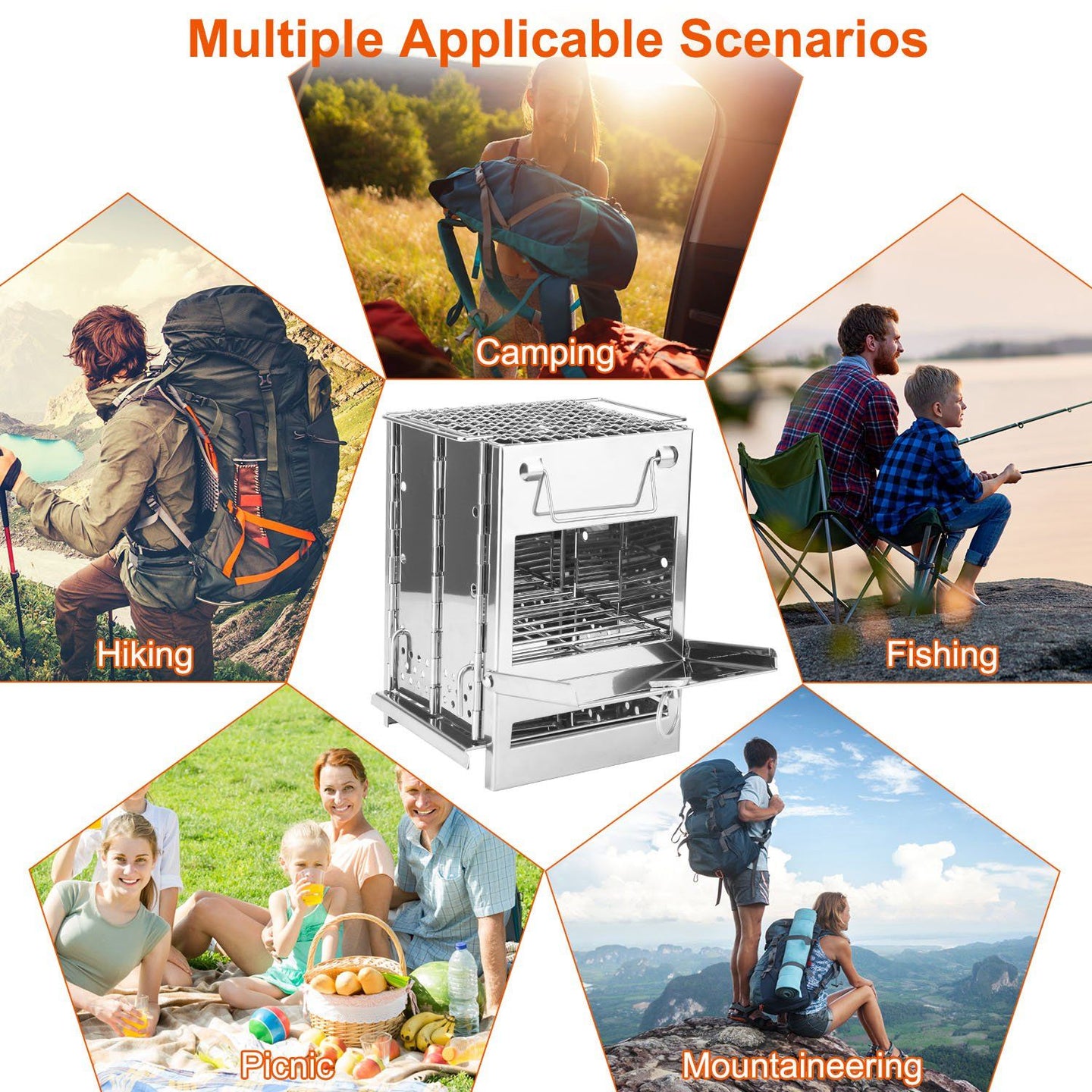 Large Foldable Camping Wood Stove & Grill - Stainless Steel