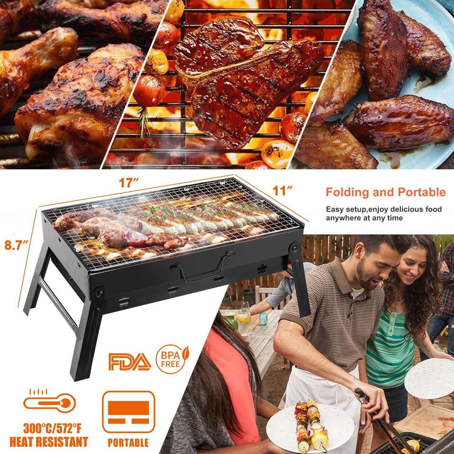 Portable Foldable Charcoal BBQ Grill for Camping & Picnics