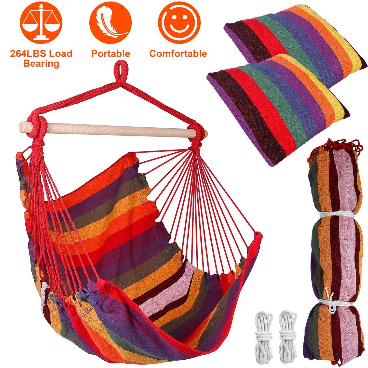 Hammock Chair Swing with Pillows - Portable Canvas Porch Swing & Hanging Seat
