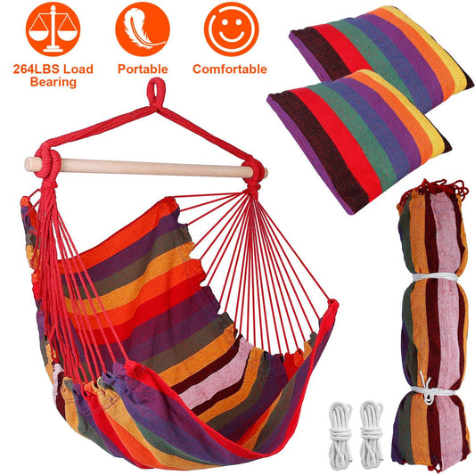 Hammock Chair Swing with Pillows - Portable Canvas Porch Swing & Hanging Seat