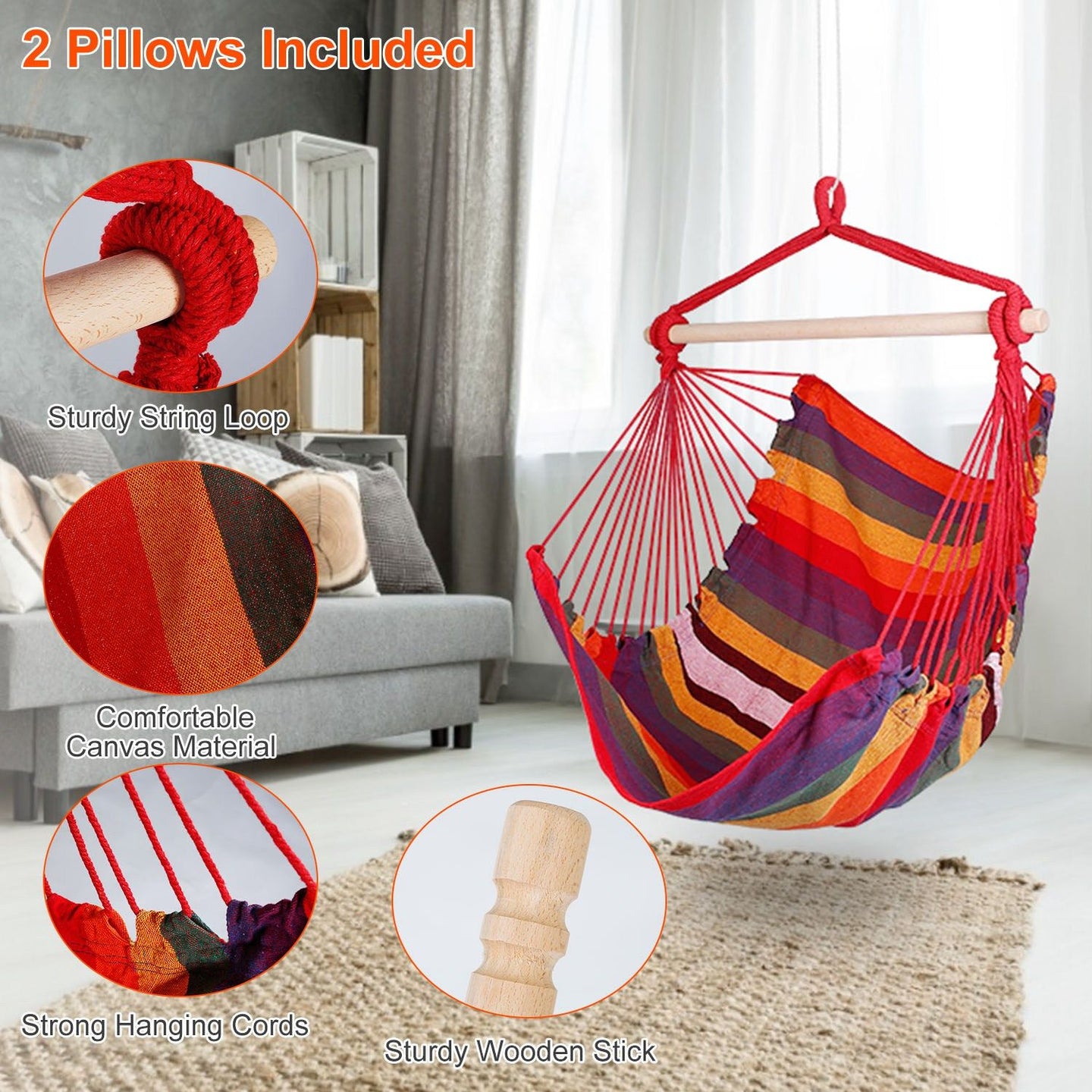 Hammock Chair Swing with Pillows - Portable Canvas Porch Swing & Hanging Seat
