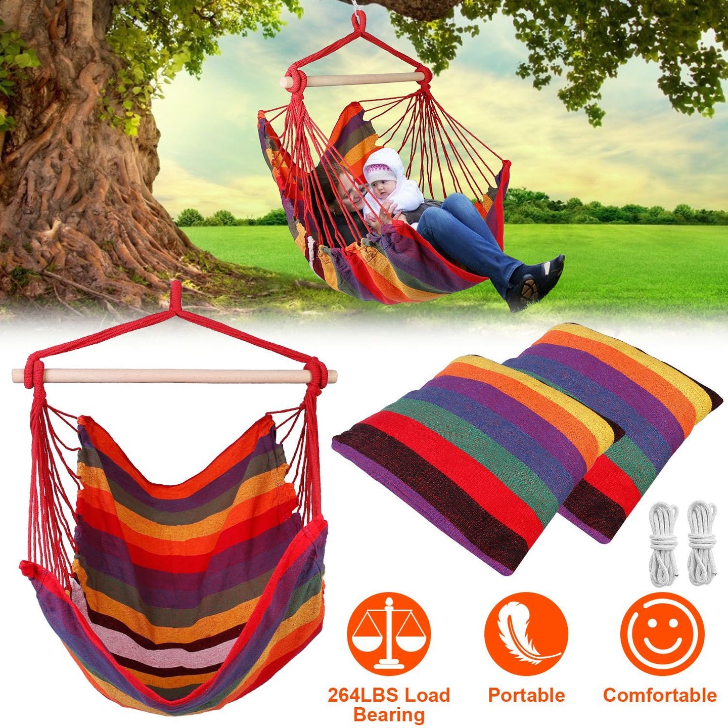 Hammock Chair Swing with Pillows - Portable Canvas Porch Swing & Hanging Seat