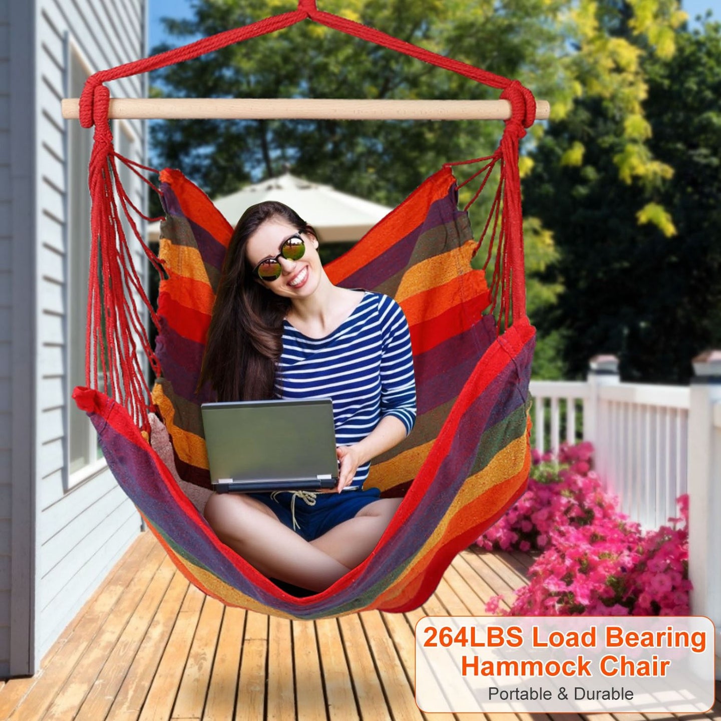 Hammock Chair Swing with Pillows - Portable Canvas Porch Swing & Hanging Seat