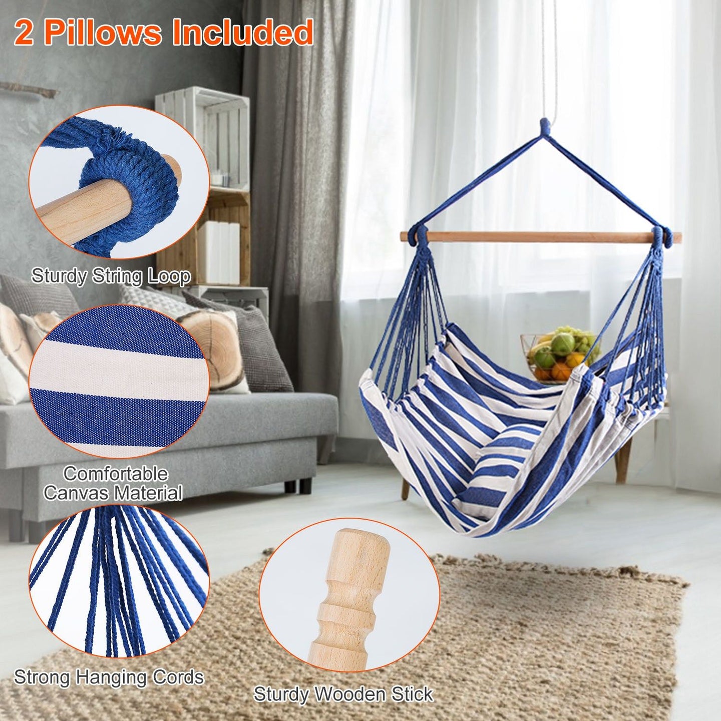 Hammock Chair Swing with Pillows - Portable Canvas Porch Swing & Hanging Seat