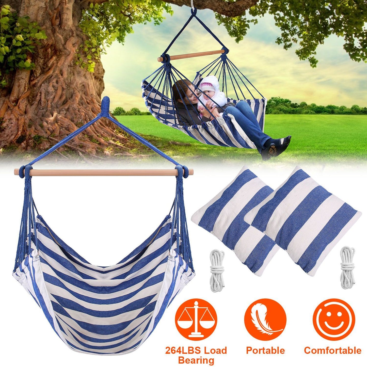 Hammock Chair Swing with Pillows - Portable Canvas Porch Swing & Hanging Seat