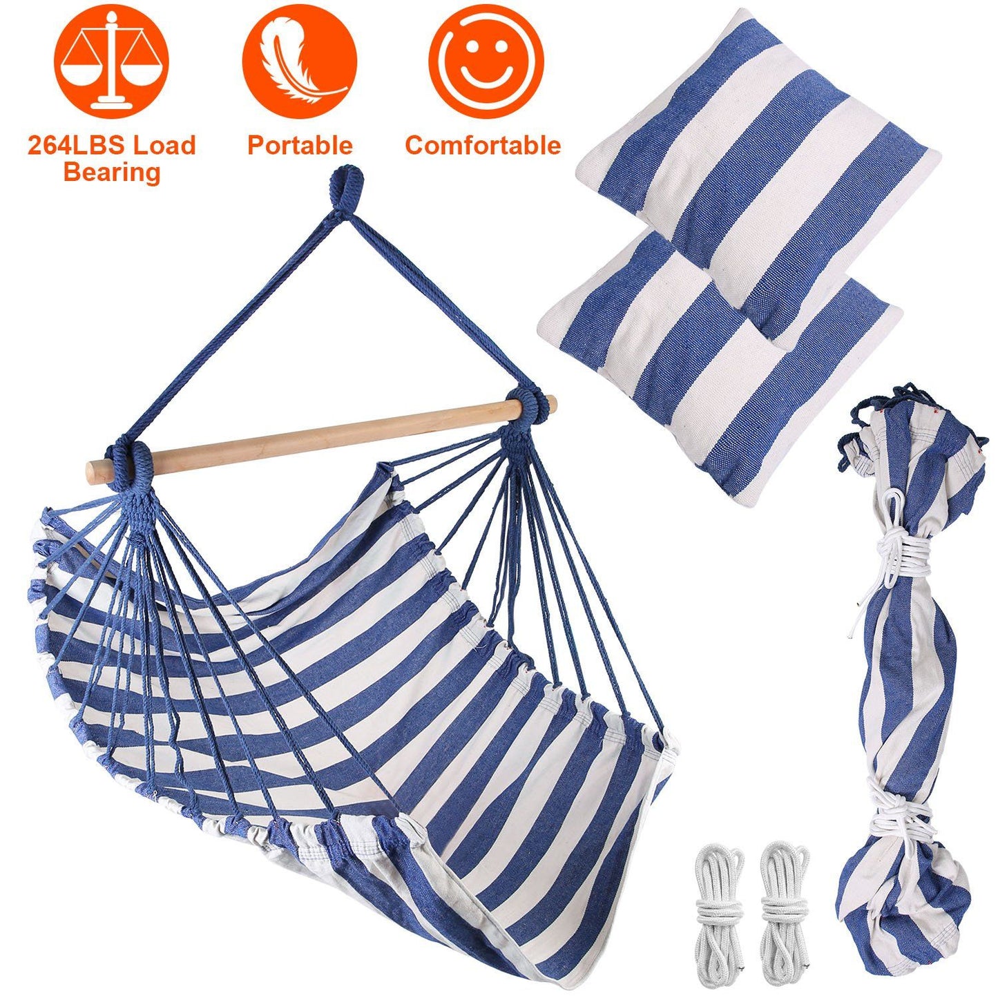 Hammock Chair Swing with Pillows - Portable Canvas Porch Swing & Hanging Seat