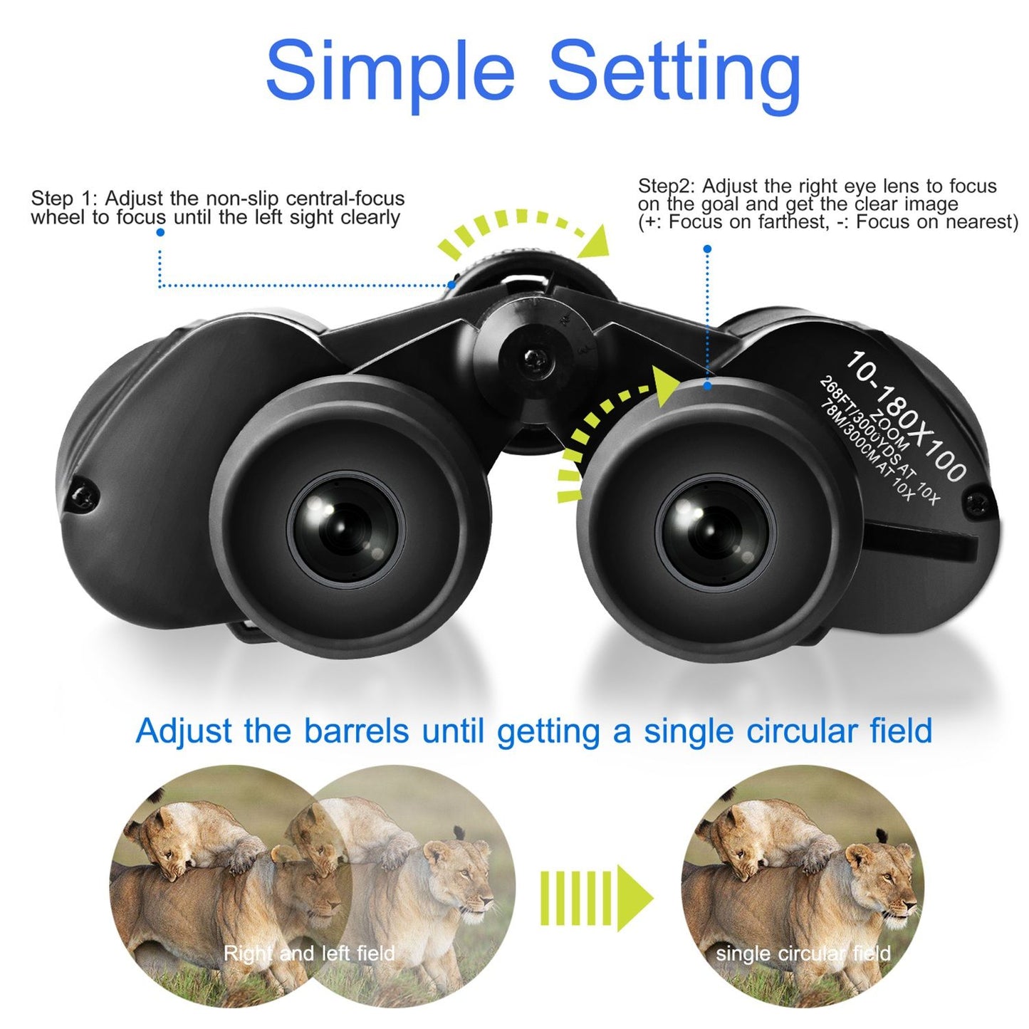 10–180x100 High Power Binoculars 8–24x Zoom, 50mm Lens, Low Light, Wide View w/ Case
