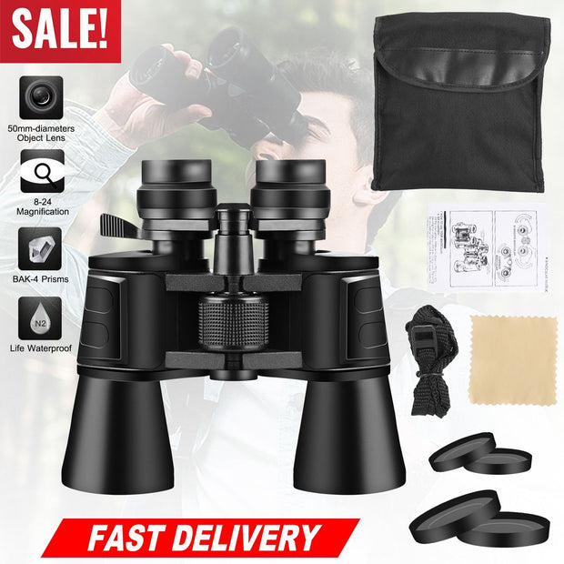 10–180x100 High Power Binoculars 8–24x Zoom, 50mm Lens, Low Light, Wide View w/ Case