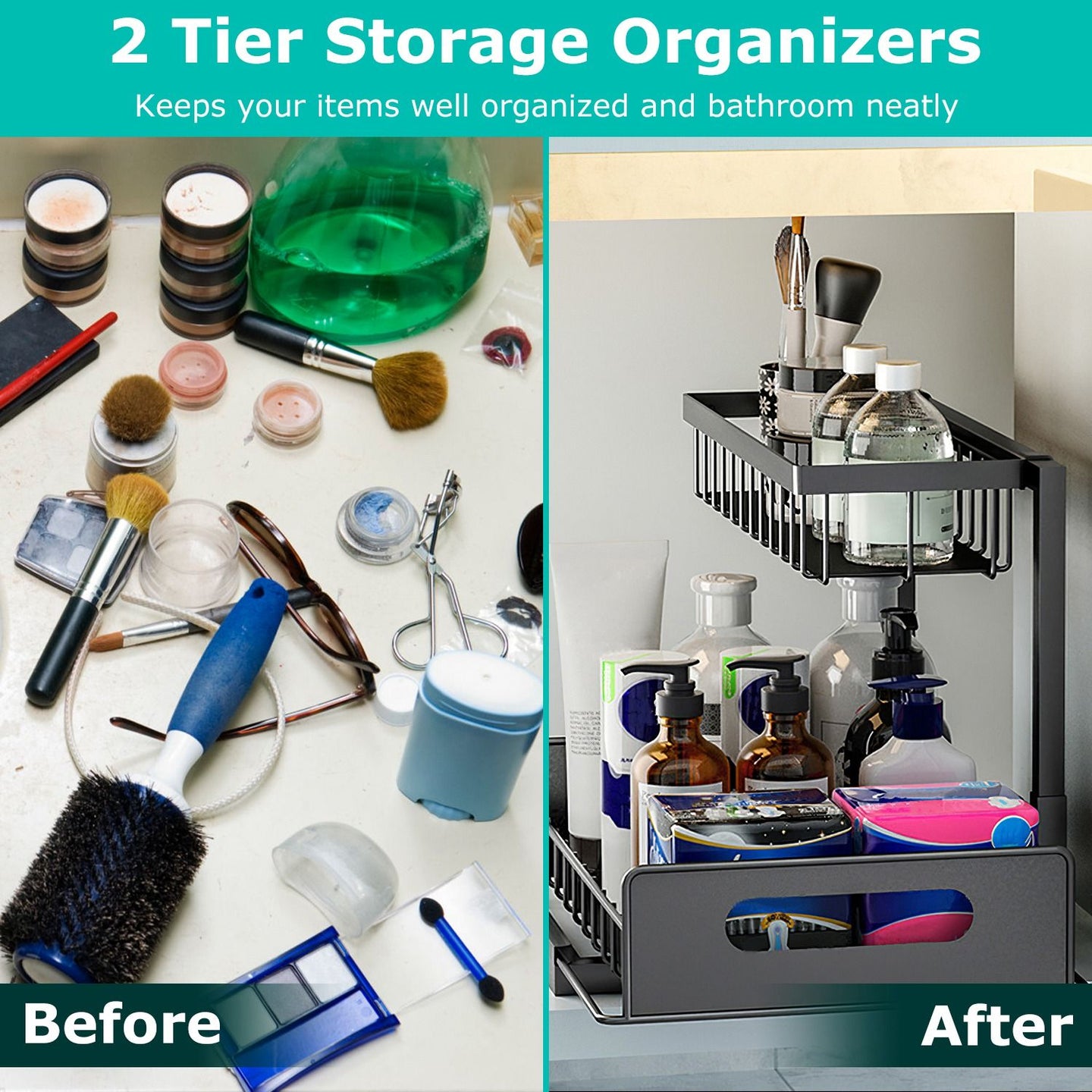 2-Tier Under Sink Organizer: Pull-Out Metal Storage Shelf for Kitchen & Bathroom