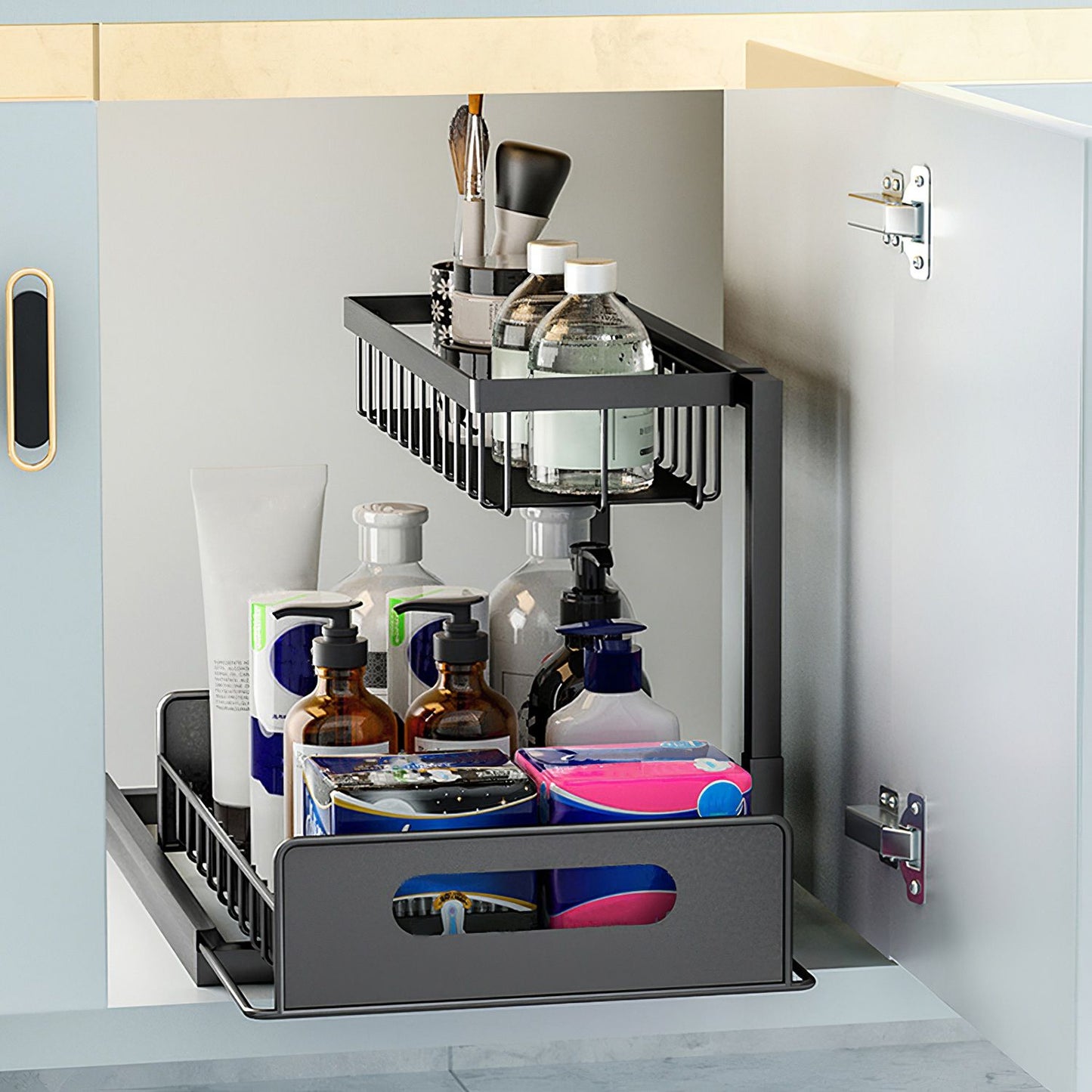 2-Tier Under Sink Organizer: Pull-Out Metal Storage Shelf for Kitchen & Bathroom