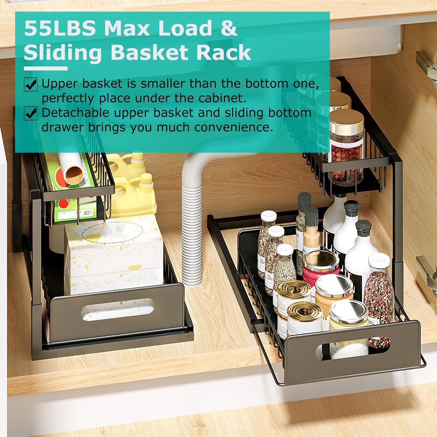 2-Tier Under Sink Organizer: Pull-Out Metal Storage Shelf for Kitchen & Bathroom