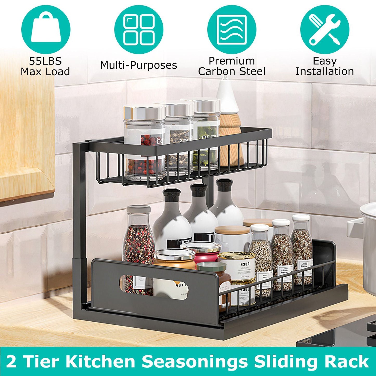 2-Tier Under Sink Organizer: Pull-Out Metal Storage Shelf for Kitchen & Bathroom
