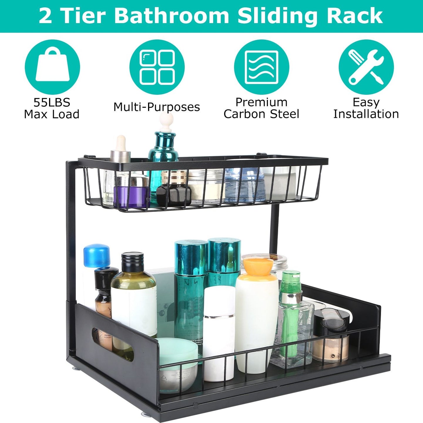 2-Tier Under Sink Organizer: Pull-Out Metal Storage Shelf for Kitchen & Bathroom