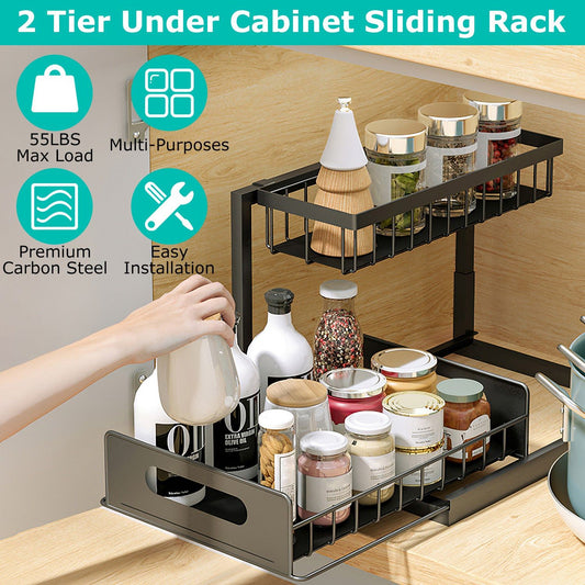 2-Tier Under Sink Organizer: Pull-Out Metal Storage Shelf for Kitchen & Bathroom