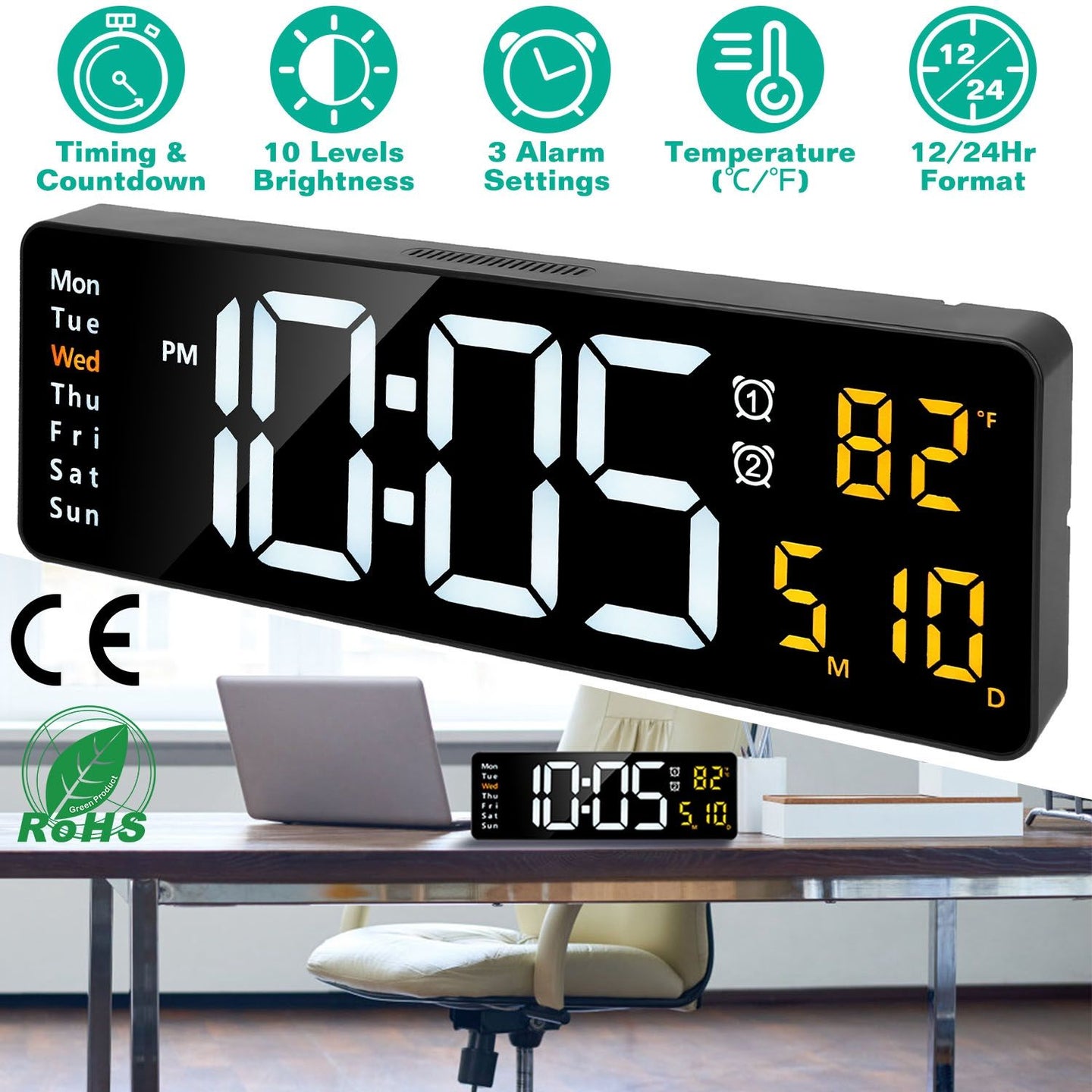 15.7" Large LED Digital Wall Clock with Remote & Auto-Dimming