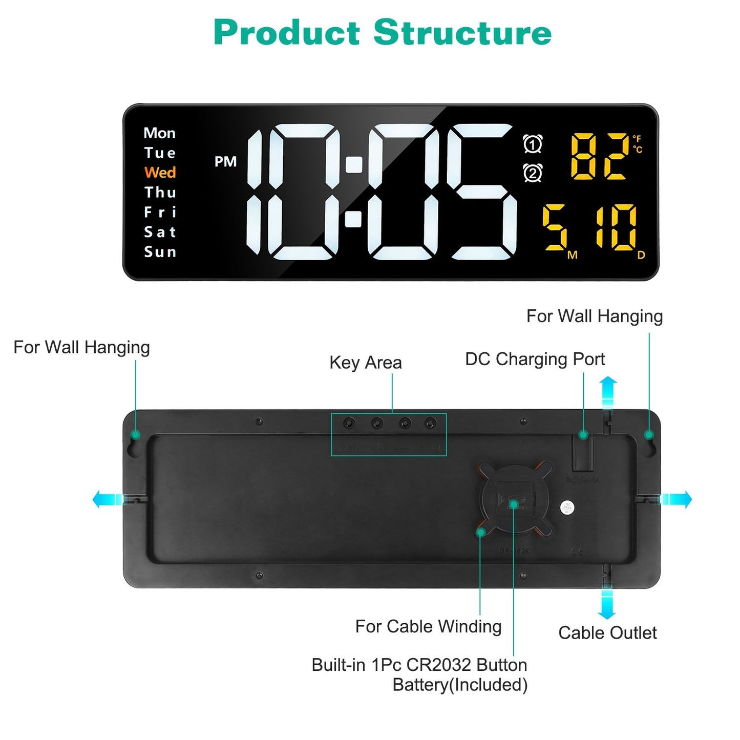 15.7" Large LED Digital Wall Clock with Remote & Auto-Dimming