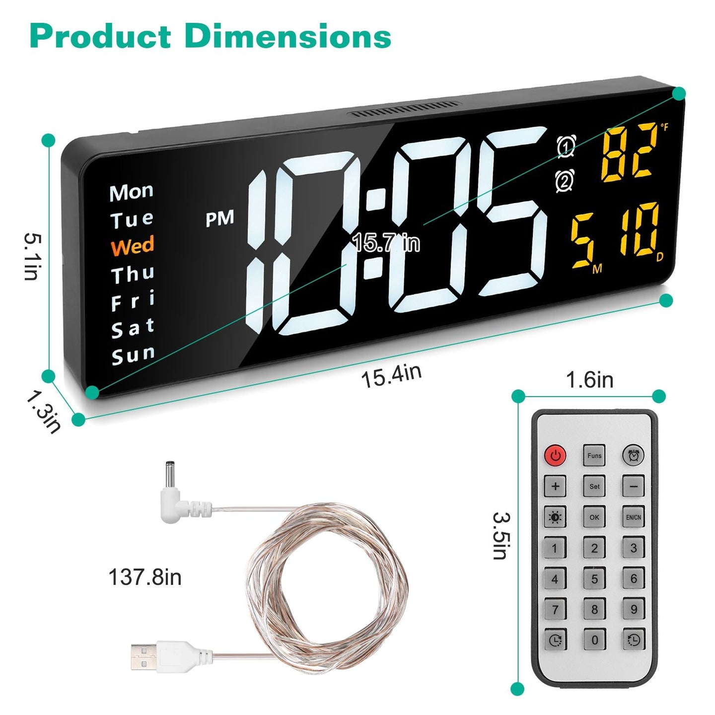 15.7" Large LED Digital Wall Clock with Remote & Auto-Dimming