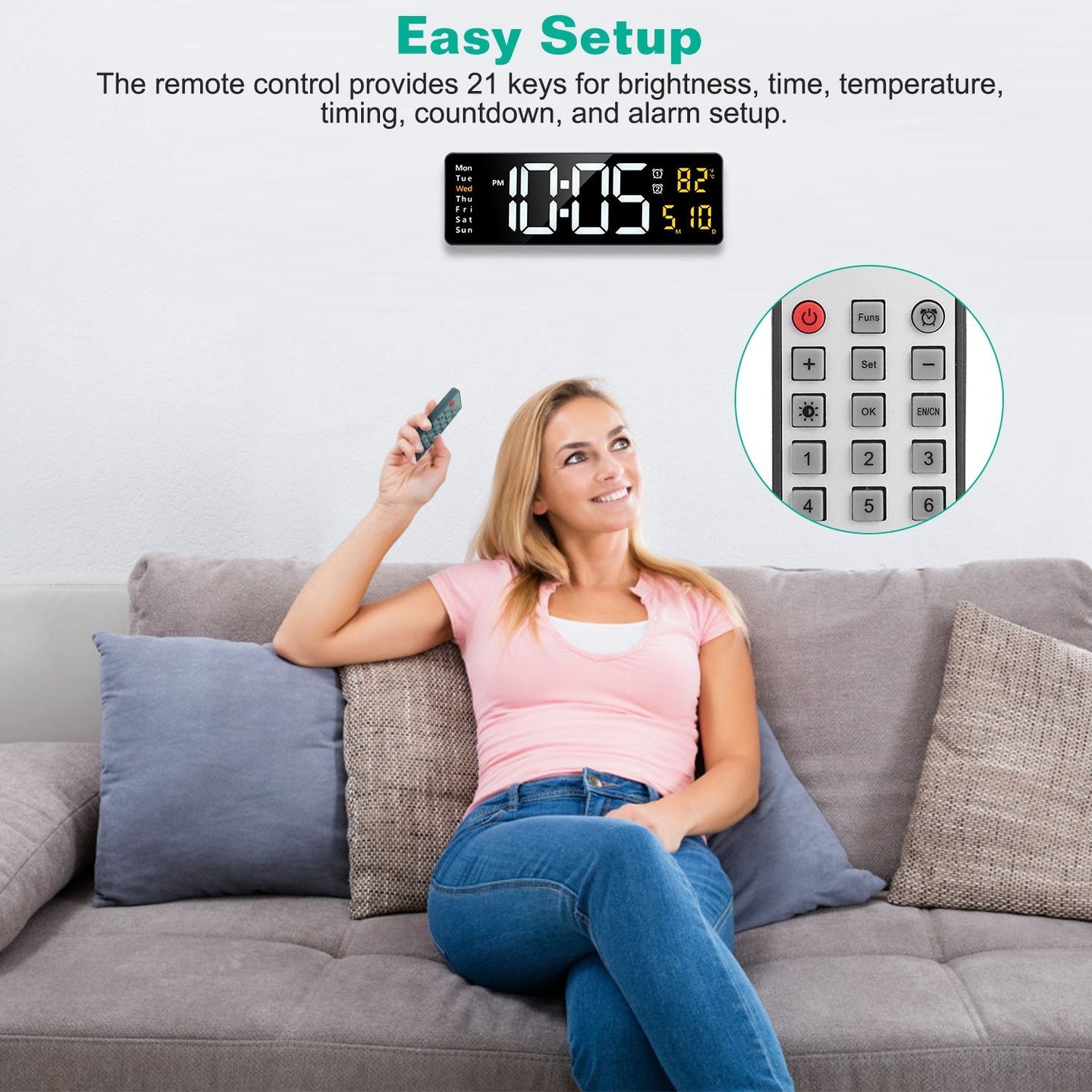 15.7" Large LED Digital Wall Clock with Remote & Auto-Dimming
